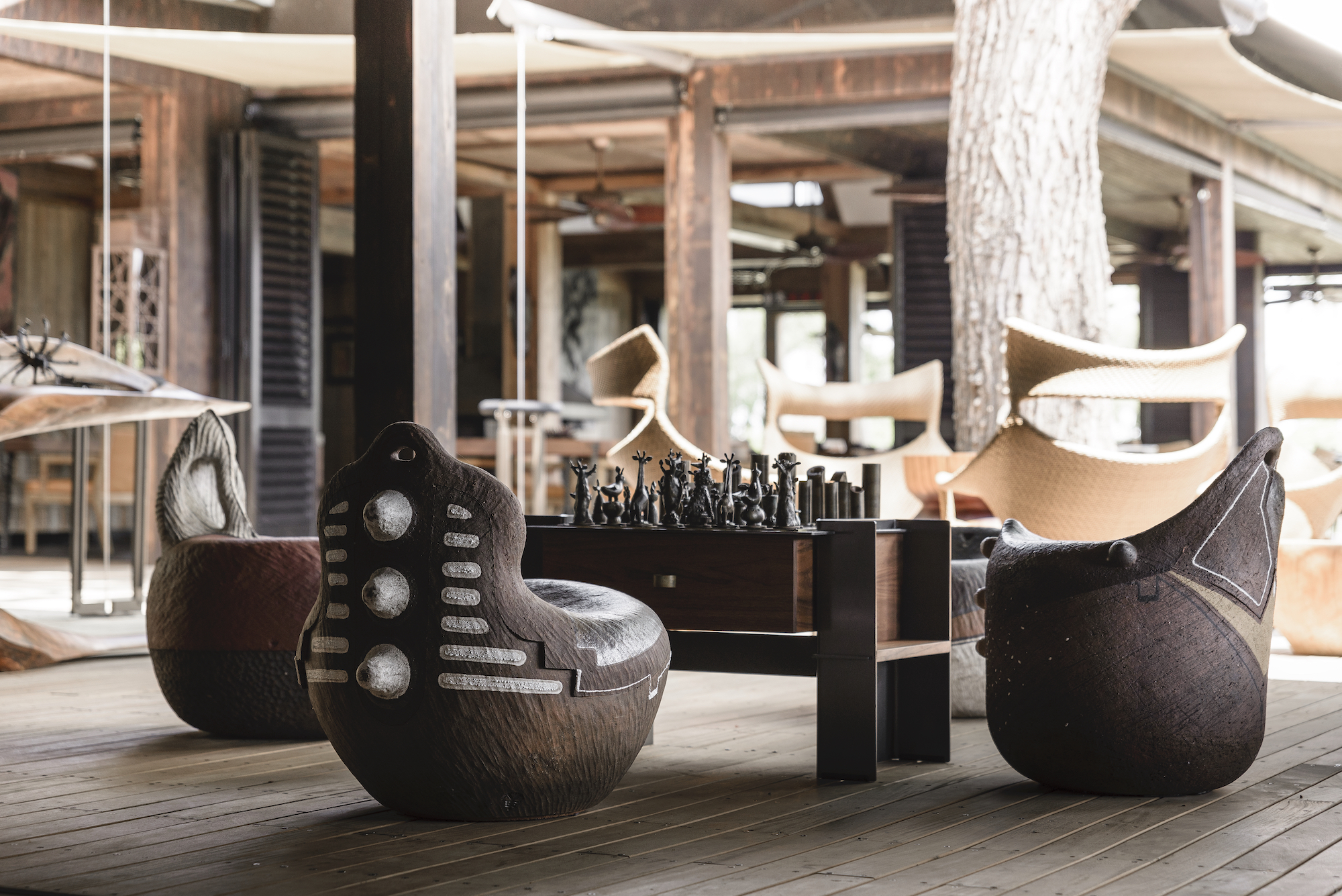 Sculptural pieces and intricate detailing at Xigera Safari Lodge