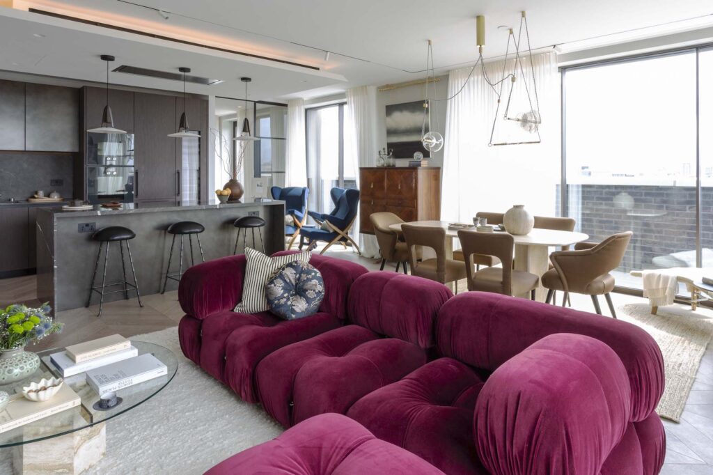 Living room of a show home at 101 on Cleveland in London