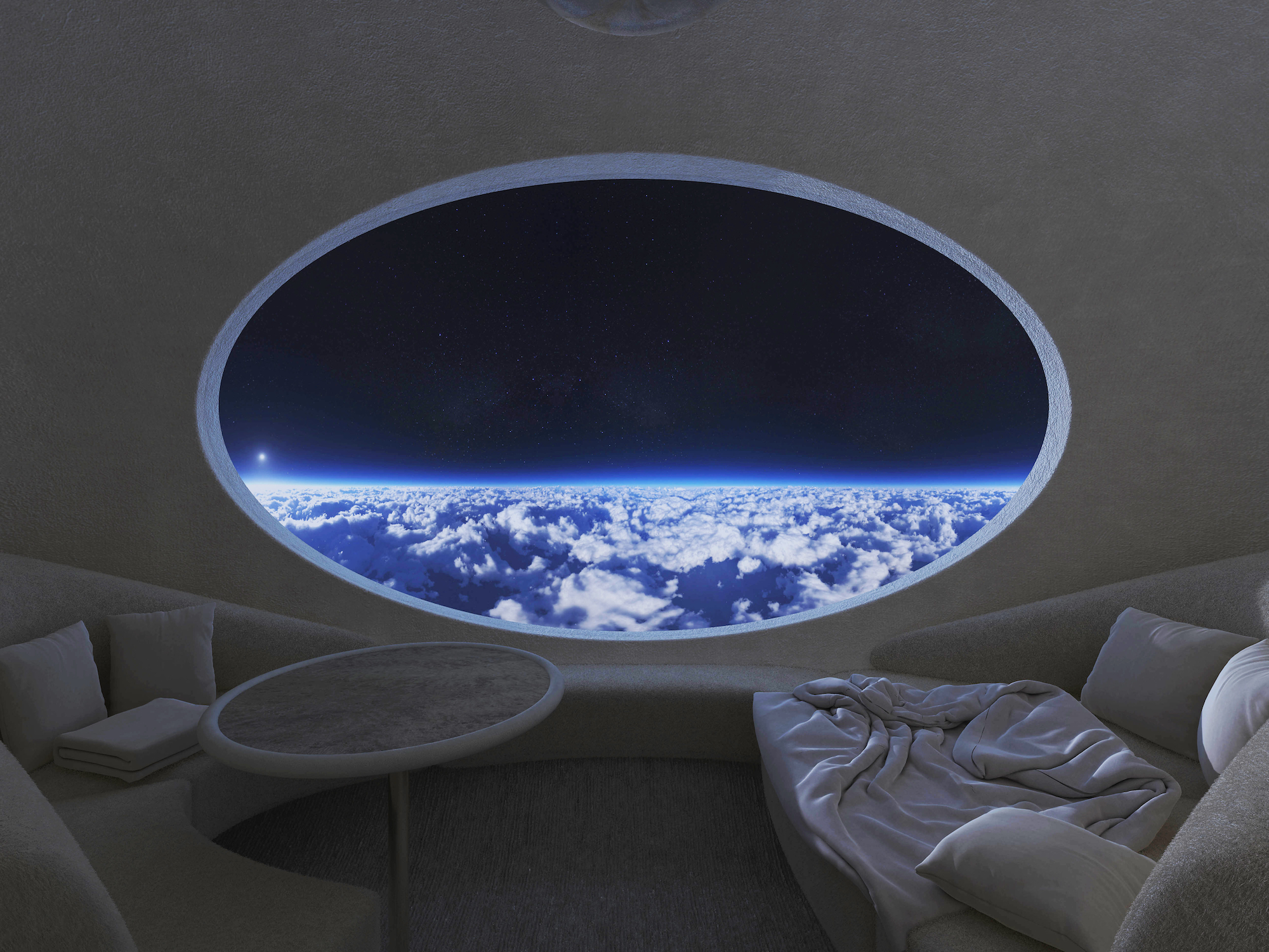 Inteior of Céleste Space Capsule by Zephalto at night in Effect Magazine