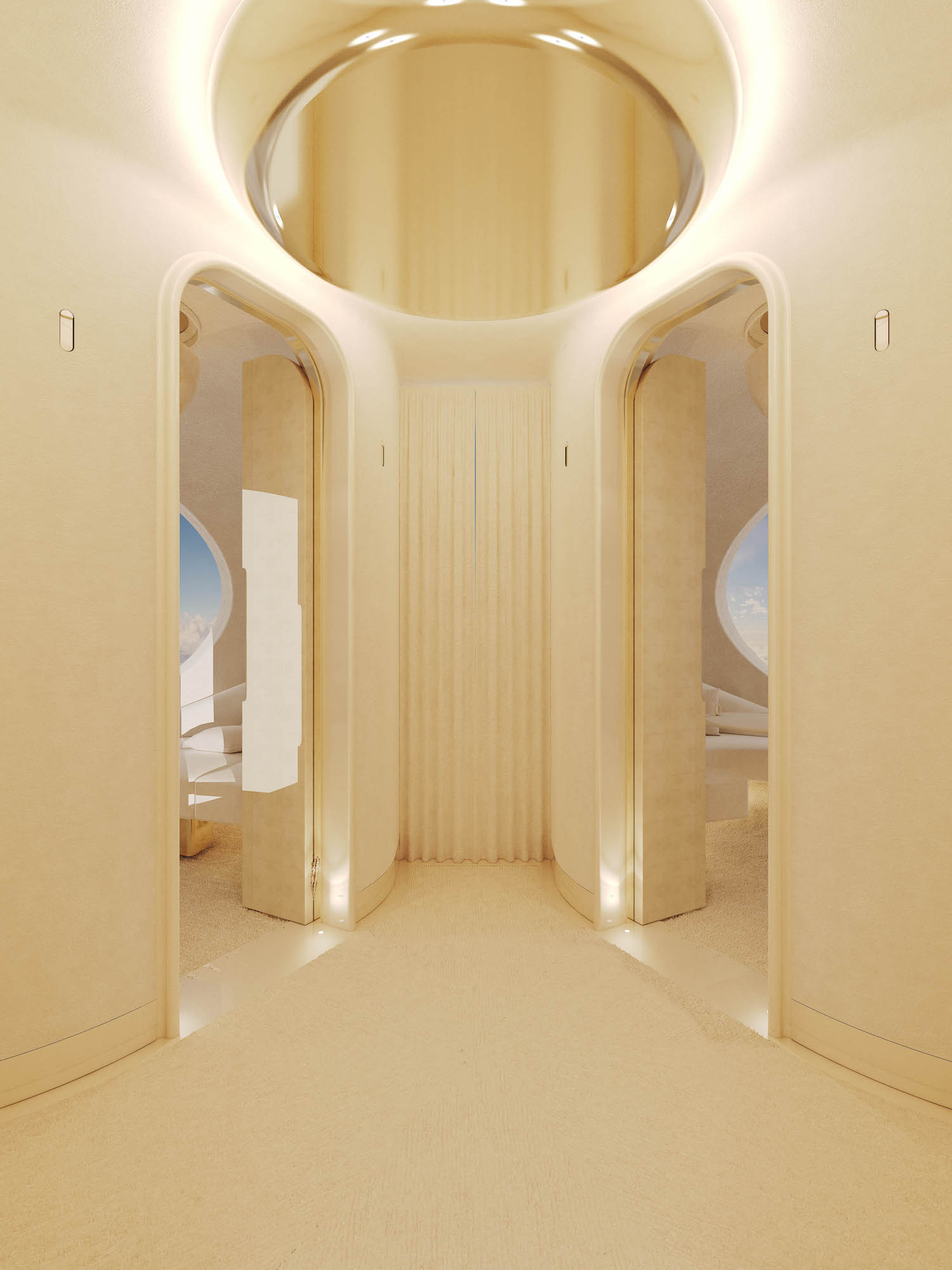 Interior lobby of the Zephalto space capsule Céleste leading to two cabins – Effect Magazine