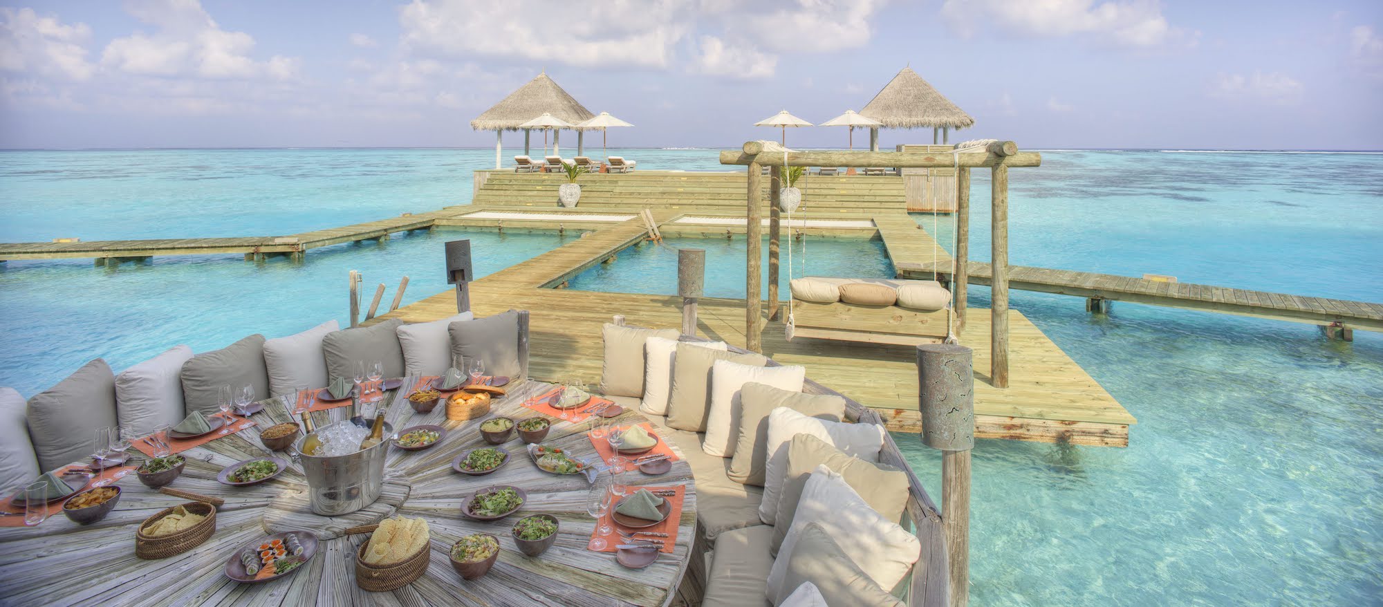 The five buildings of the Private Reserve villa at Gili Lankanfushi are only accessible by boat