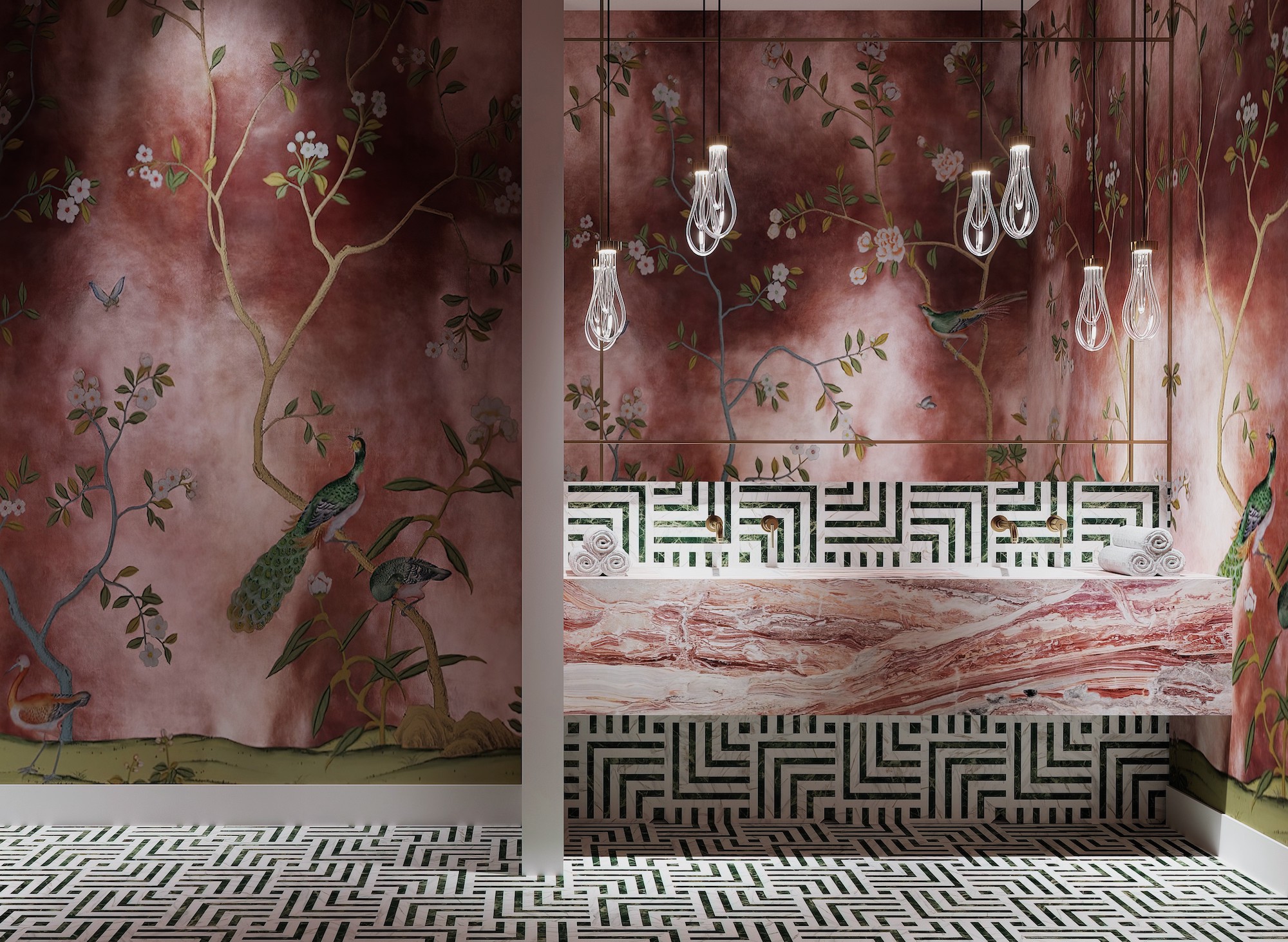 Bathroom by Nina Magon on Saadiyat Island in Abu Dhabi featuring a de Gournay mural and mosaic floor by Kelly Wearstler for Ann Sacks  - Effect Magazine