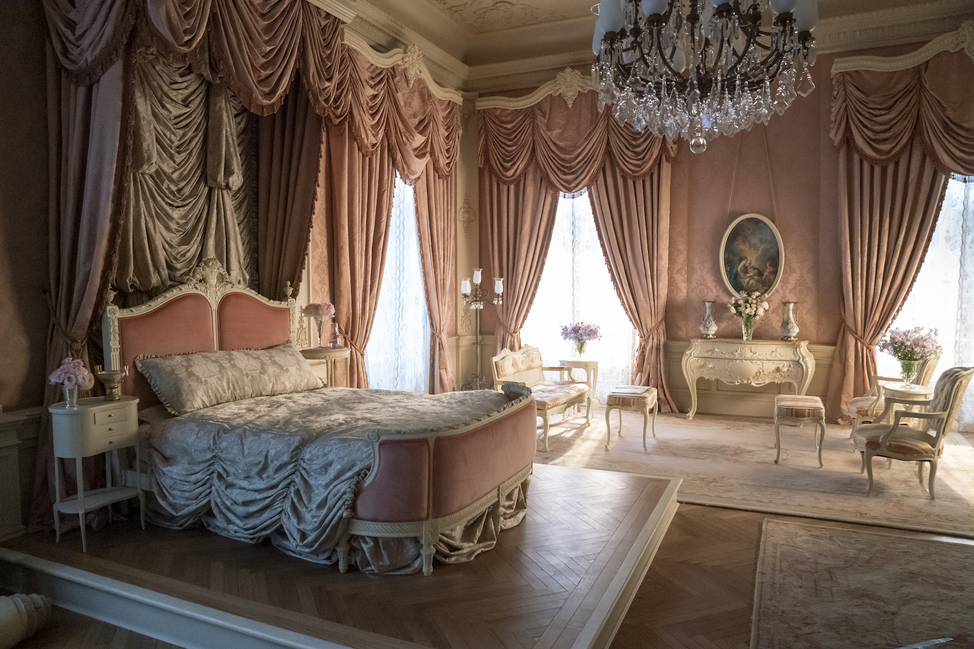 Bertha Russell's salmon pink-toned bedroom in HBO's The Gilded Age - Effect Magazine