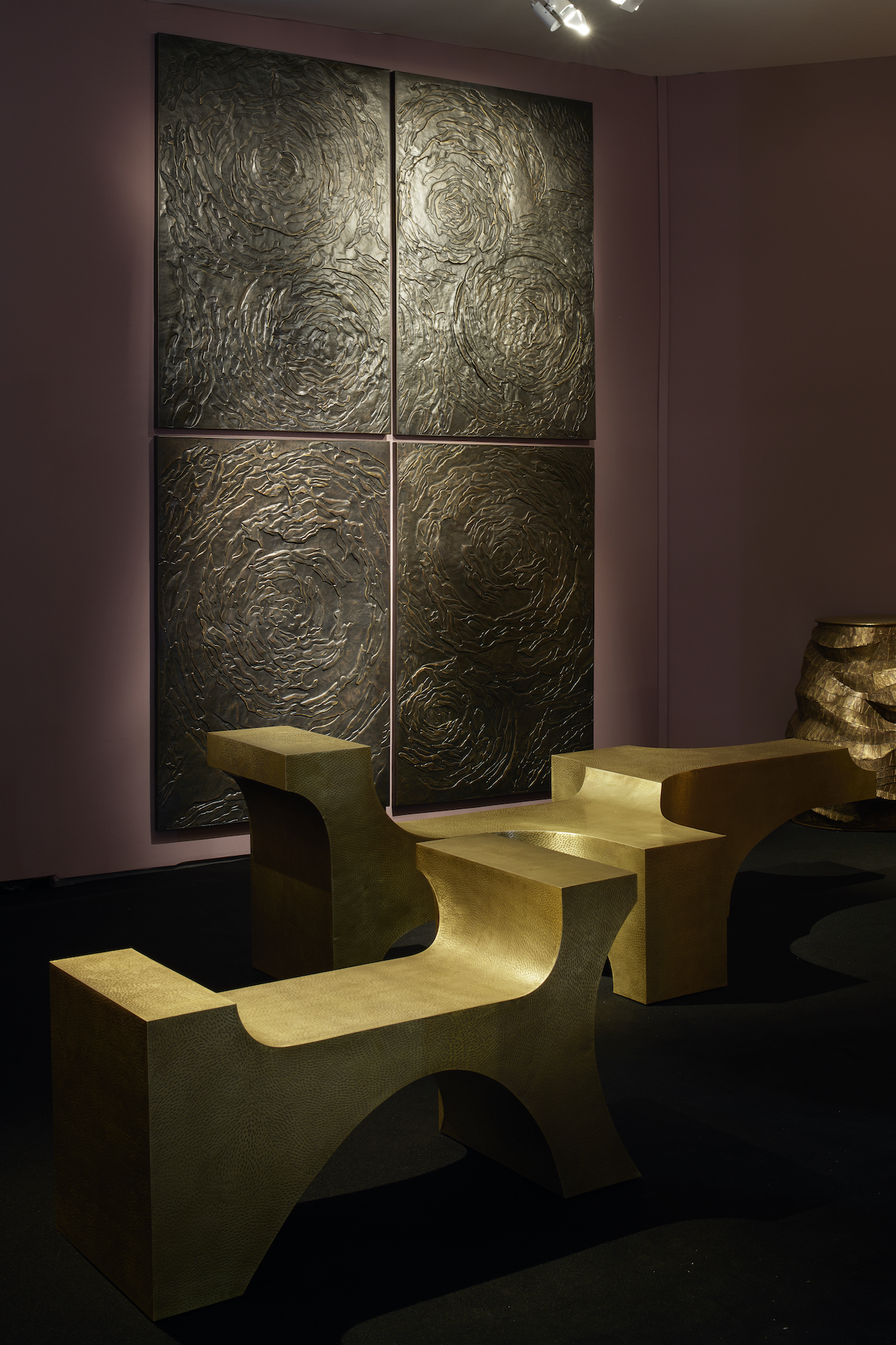 Brass bench and metal wall panels by Vikram Goyal at PAD London 2023 in Effect Magazine
