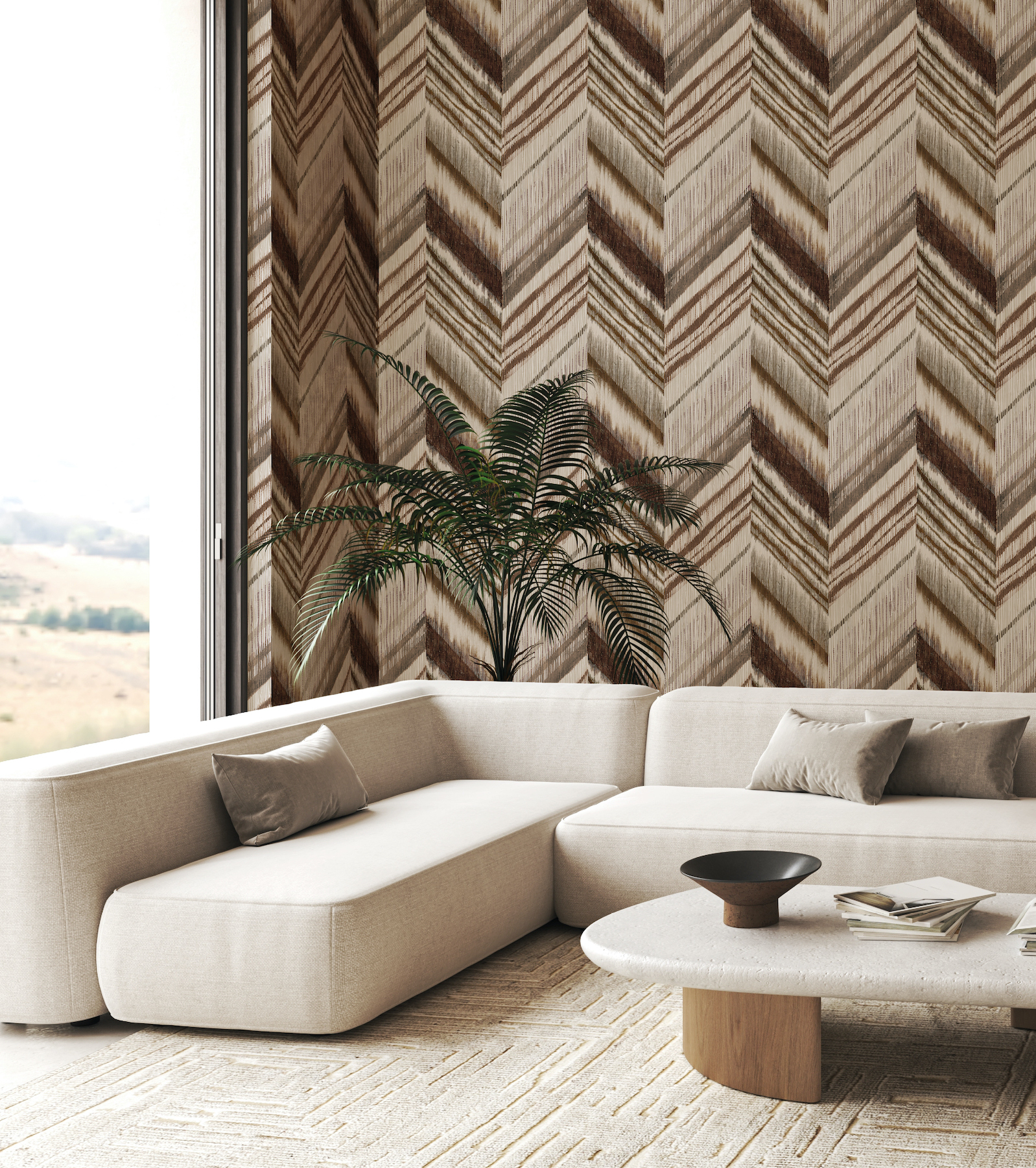 GP & J Baker’s Faraway wallpaper collection includes a digitally printed faux-grasscloth design called Santa Fe